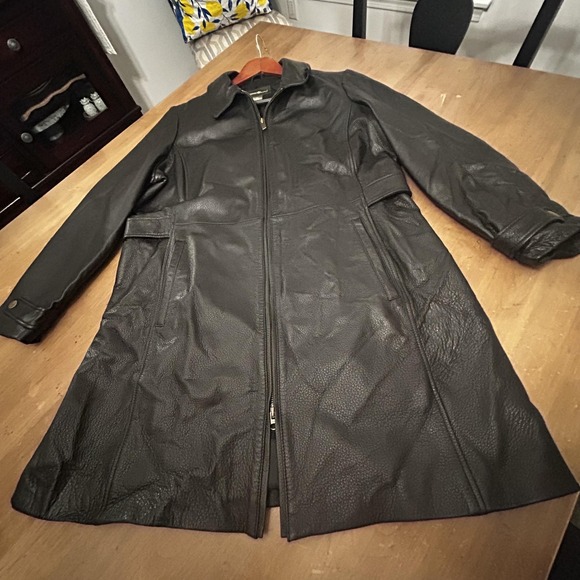 Eddie Bauer Leather Coat Womens Petite XL Belted Long Jacket Pockets
